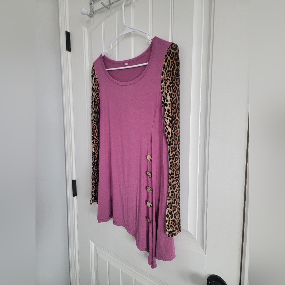 Purple Top with Leopard Print Sleeves, Size S